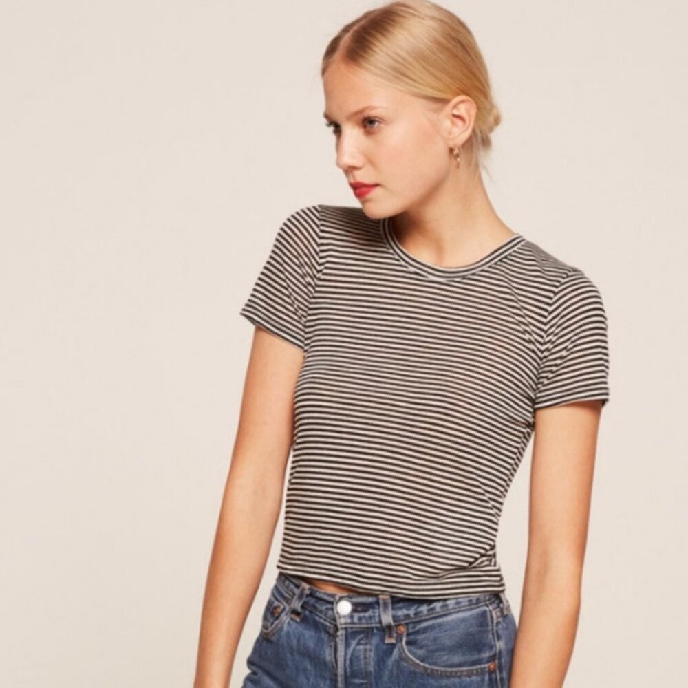 Reformation Jeans Brown Ivory Striped Tee Sz L